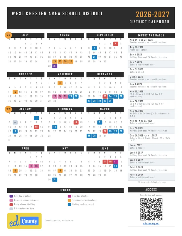 West Chester Area School District printable 2026-27 calendar