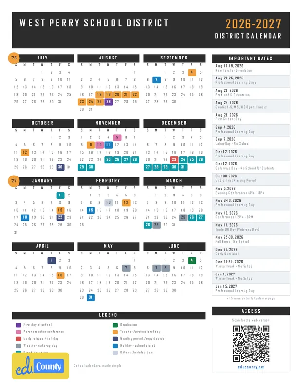 WEST PERRY SCHOOL DISTRICT printable 2026-27 calendar