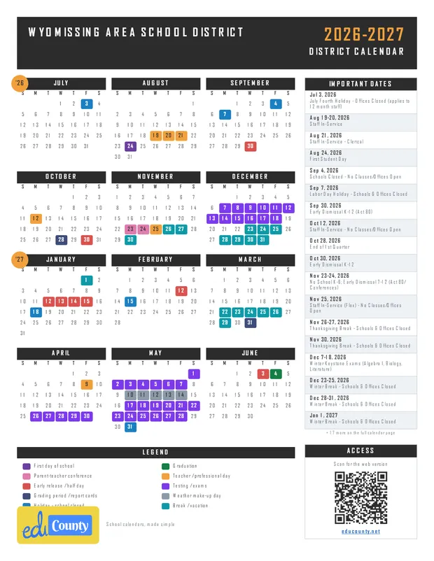 Wyomissing Area School District printable 2026-27 calendar