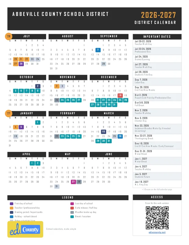 Abbeville County School District printable 2026-27 calendar