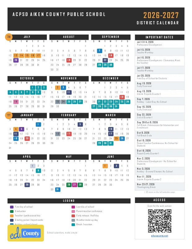 ACPSD Aiken County Public School printable 2026-27 calendar