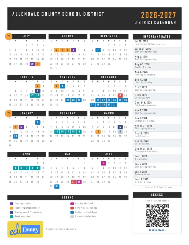 Allendale County School District printable 2026-27 calendar