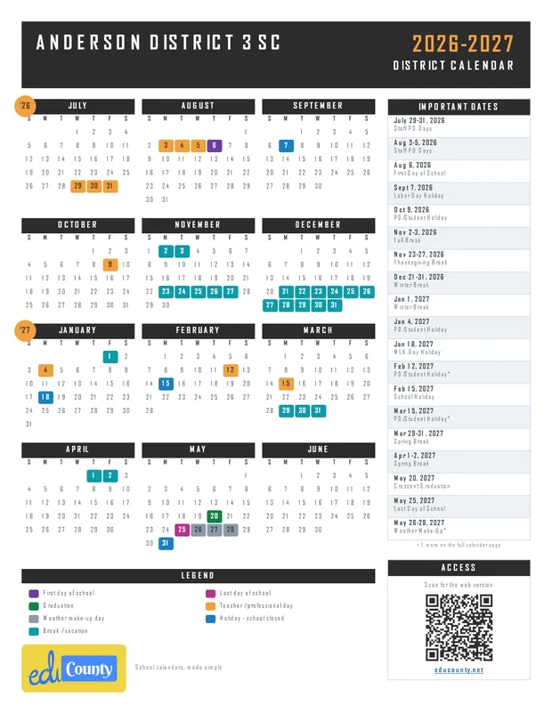 Anderson District 3 printable 2026-27 calendar