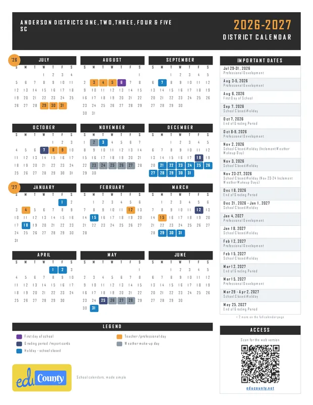 Anderson Districts One, Two, Three, Four & Five printable 2026-27 calendar