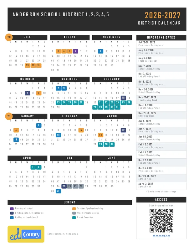 Anderson school District 1, 2, 3, 4, 5 printable 2026-27 calendar