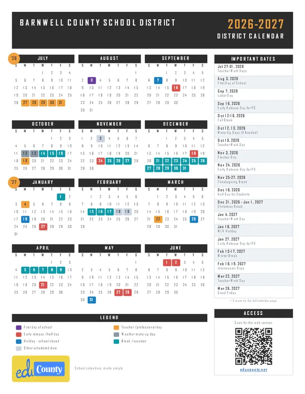 Barnwell County SCHOOL DISTRICT printable 2026-27 calendar