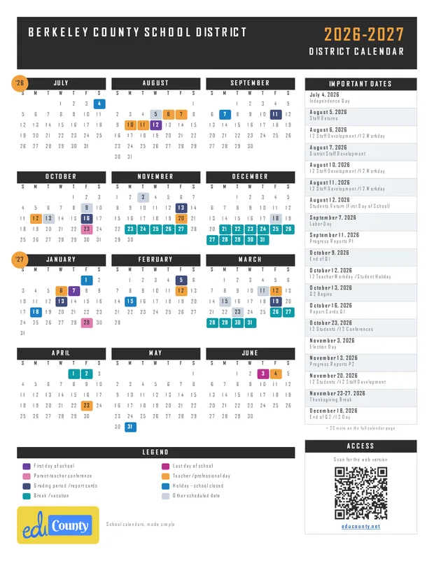 Berkeley County School District printable 2026-27 calendar