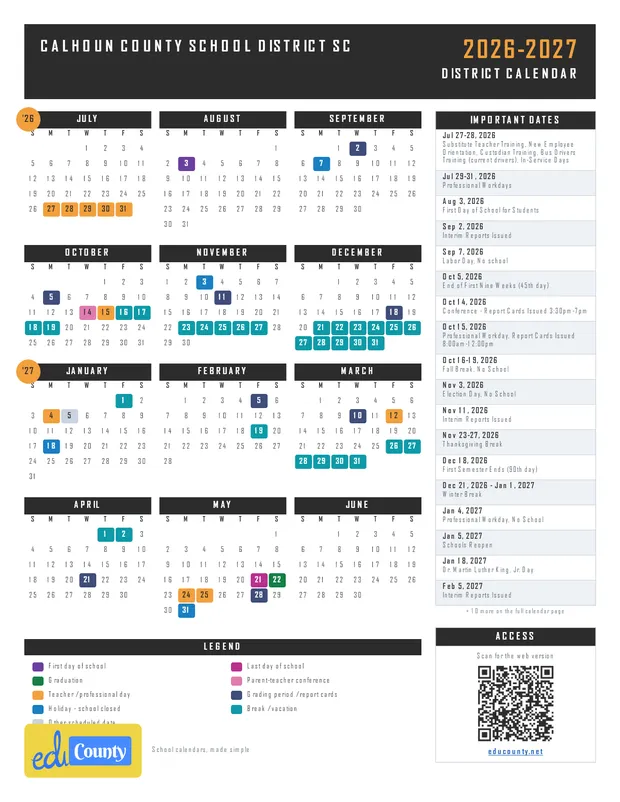 Calhoun County School District printable 2026-27 calendar