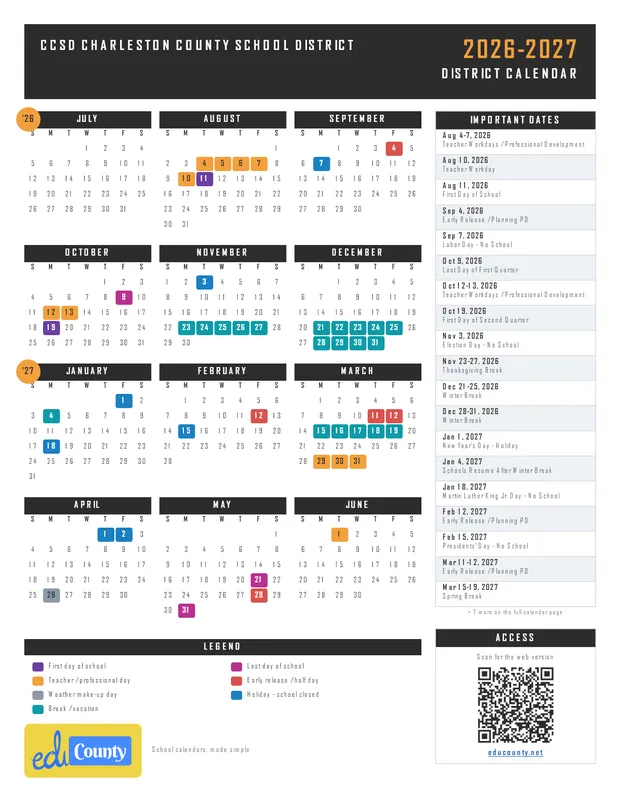 CCSD Charleston County School District printable 2026-27 calendar