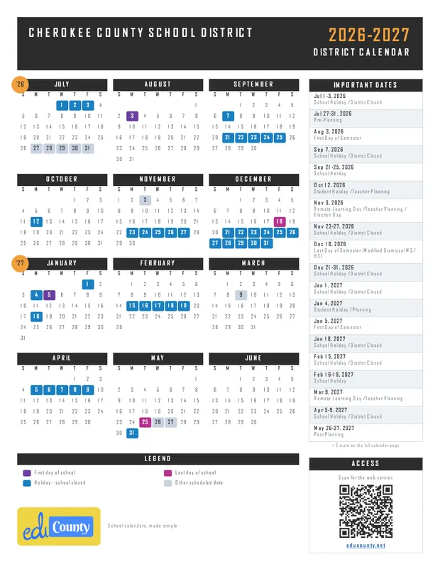 Cherokee County School District printable 2026-27 calendar