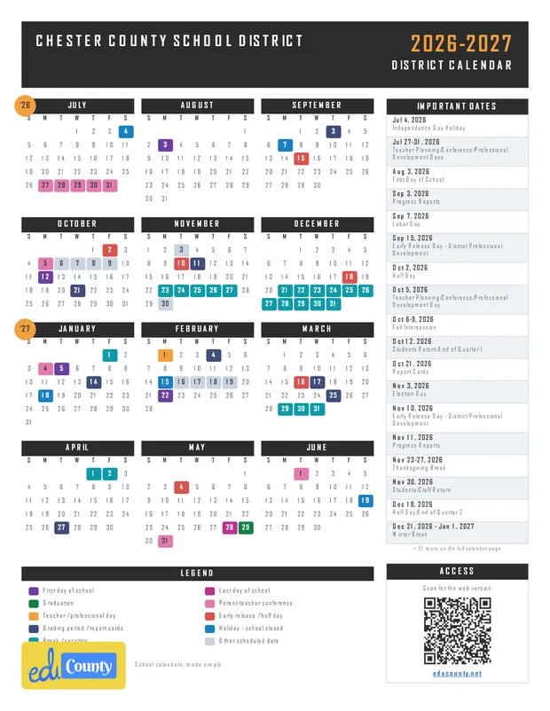 Chester County School District CCSD printable 2026-27 calendar