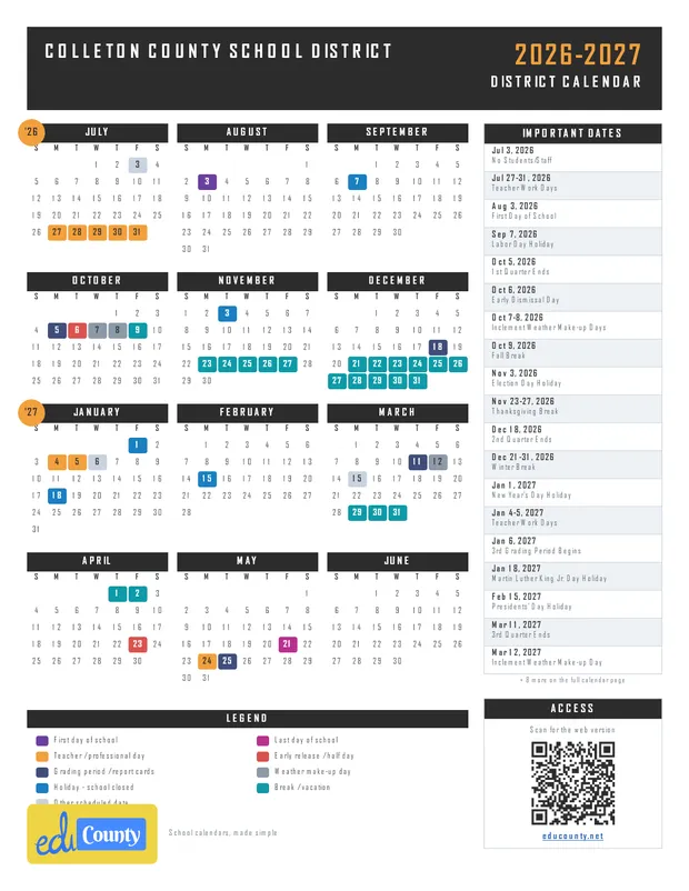 Colleton County School District printable 2026-27 calendar