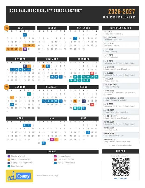 DCSD Darlington County School District printable 2026-27 calendar