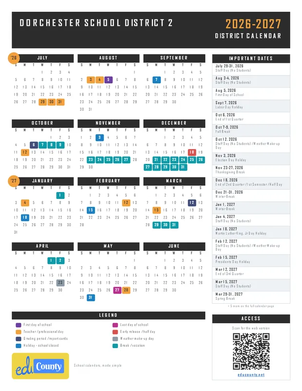 Dorchester School District 2 printable 2026-27 calendar