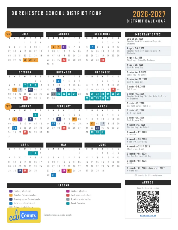 Dorchester School District Four printable 2026-27 calendar
