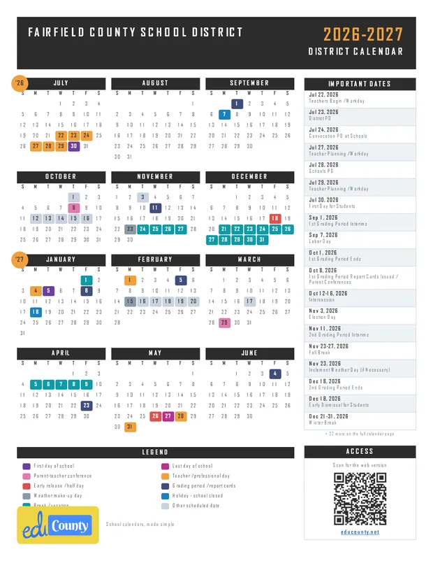 Fairfield County School District printable 2026-27 calendar
