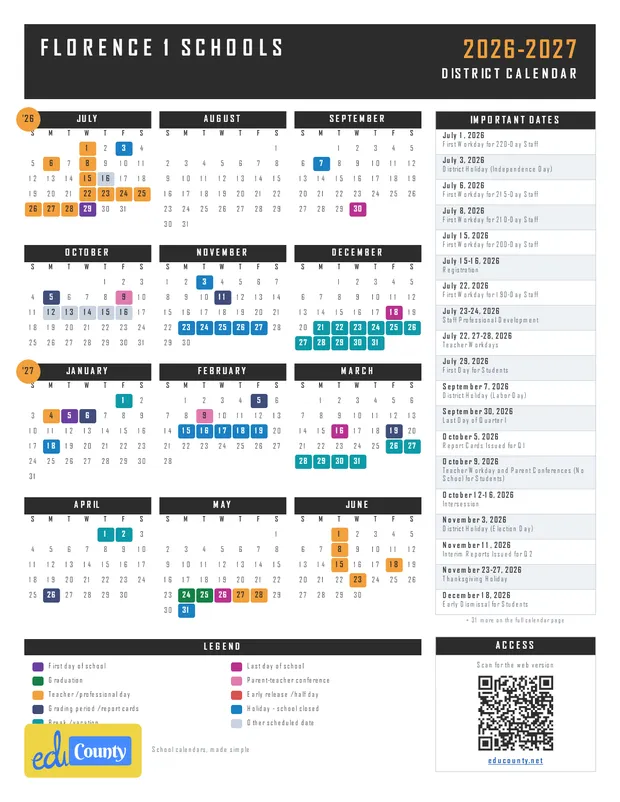 Florence 1 Schools printable 2026-27 calendar