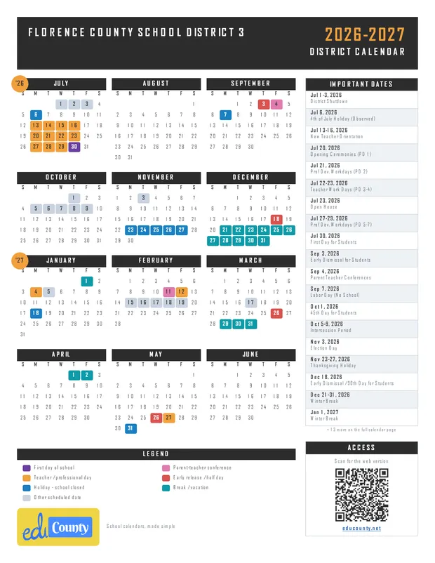 Florence County School District 3 printable 2026-27 calendar
