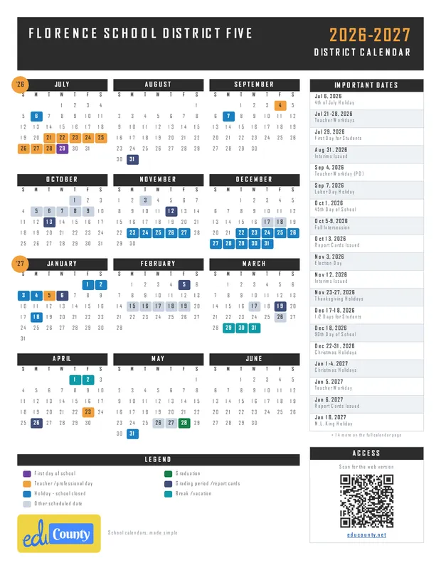 Florence School District Five printable 2026-27 calendar
