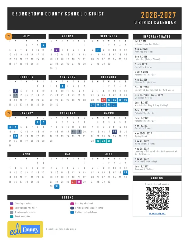 Georgetown County School District printable 2026-27 calendar