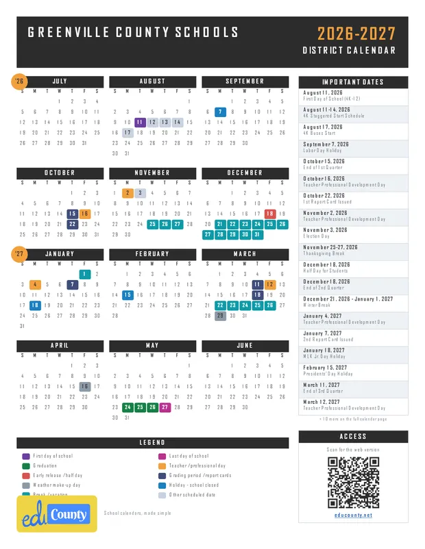 Greenville County Schools printable 2026-27 calendar