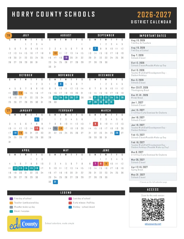 Horry County Schools printable 2026-27 calendar