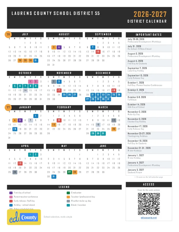 Laurens County School District 55 printable 2026-27 calendar
