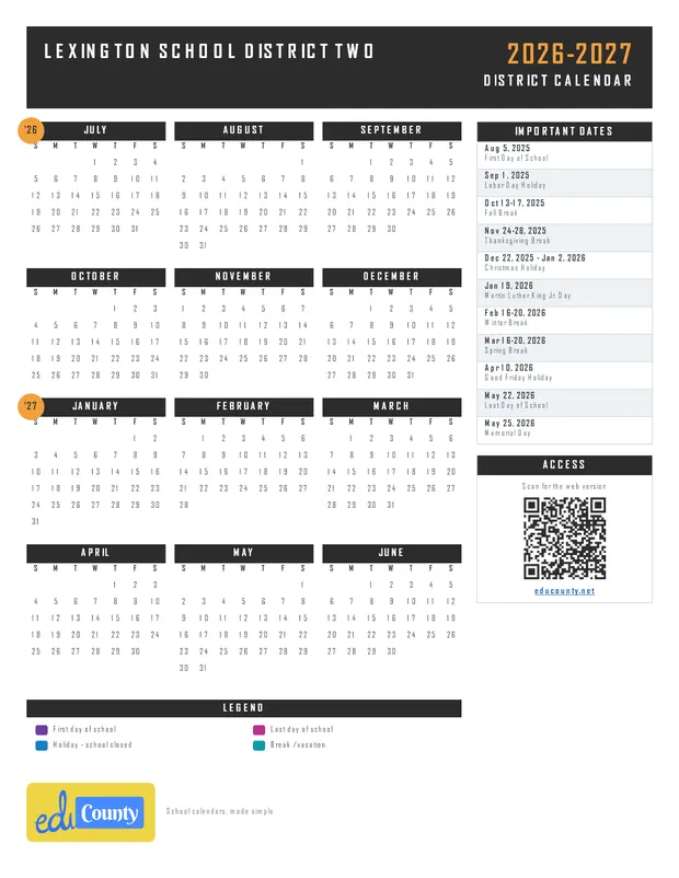 Lexington School District Two printable 2026-27 calendar