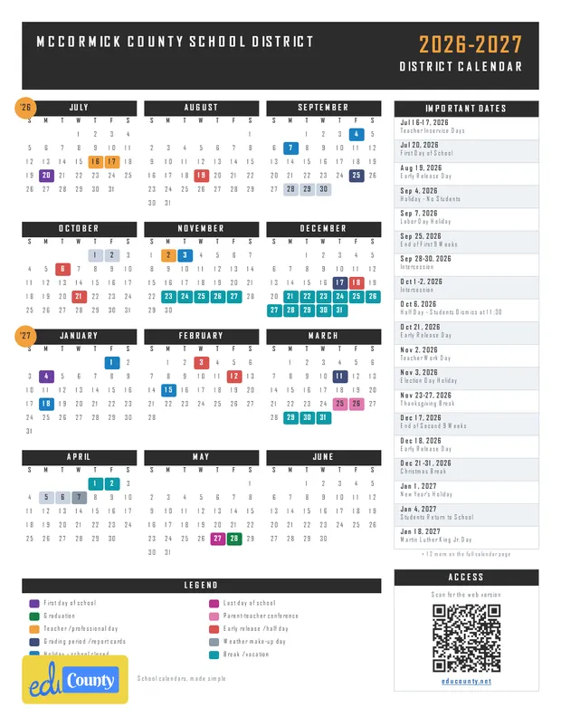 McCormick County School District printable 2026-27 calendar