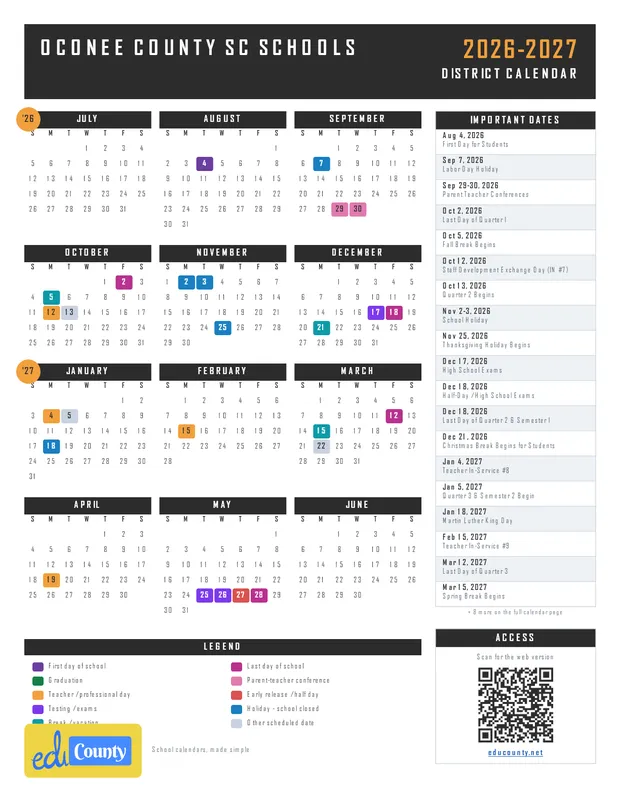 Oconee County SC Schools printable 2026-27 calendar