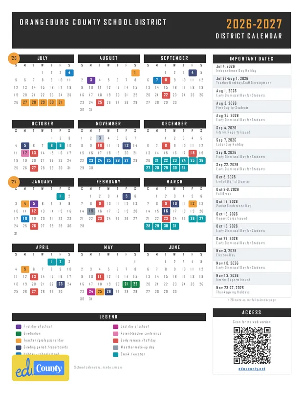 Orangeburg County School District printable 2026-27 calendar