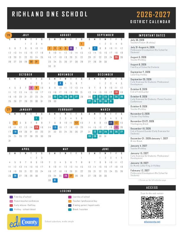 Richland One School printable 2026-27 calendar