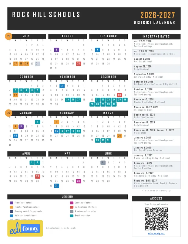 Rock Hill Schools printable 2026-27 calendar