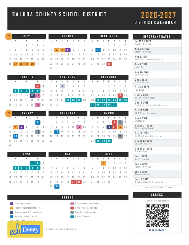 Saluda County School District printable 2026-27 calendar