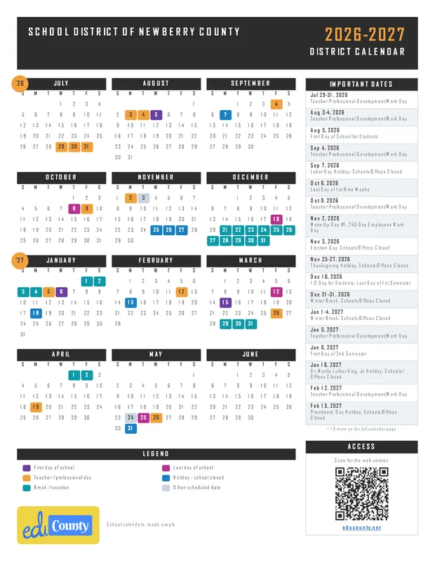 School District of Newberry County printable 2026-27 calendar