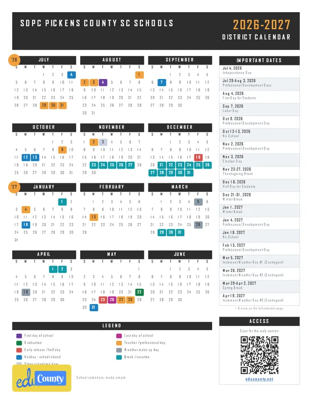 SDPC Pickens County SC Schools printable 2026-27 calendar
