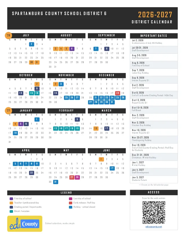 Spartanburg County School District 6 printable 2026-27 calendar