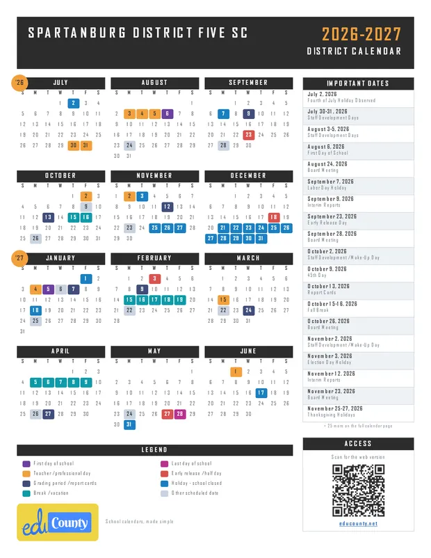 Spartanburg District Five printable 2026-27 calendar