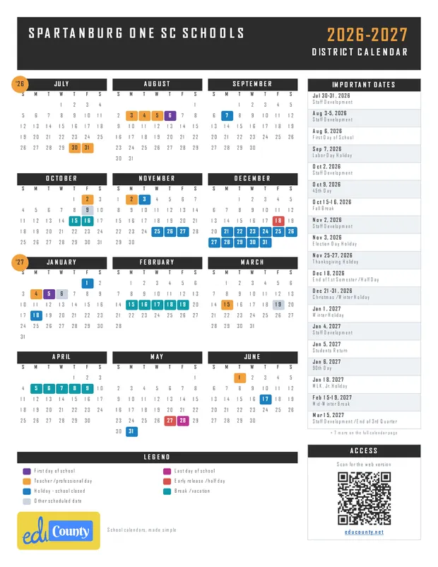 Spartanburg One SC Schools printable 2026-27 calendar