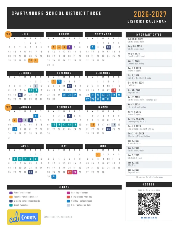 Spartanburg School District Three printable 2026-27 calendar