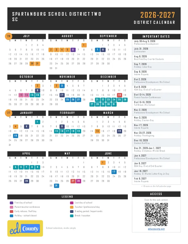 Spartanburg School District Two printable 2026-27 calendar
