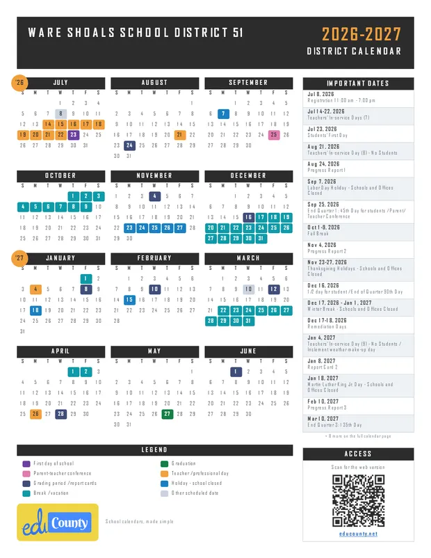 Ware Shoals School District 51 printable 2026-27 calendar