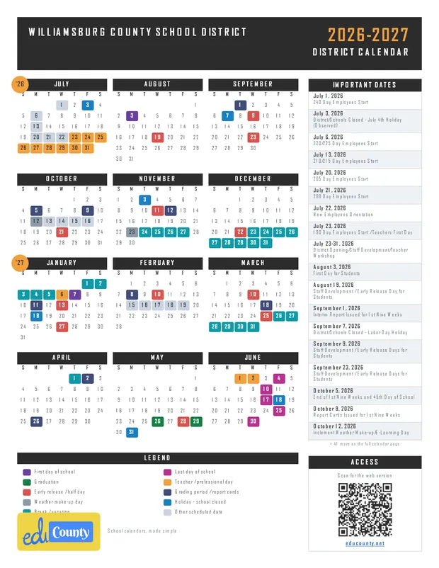 Williamsburg County School District printable 2026-27 calendar