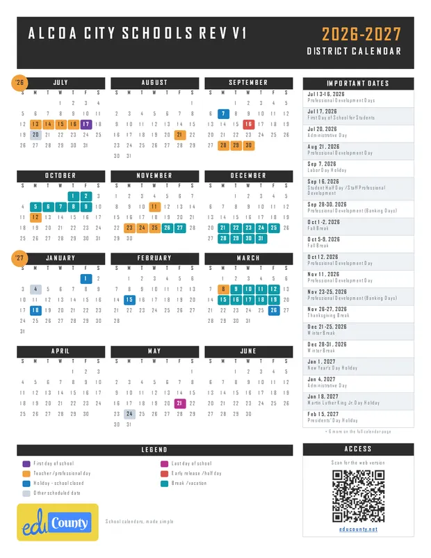 Alcoa City Schools Rev V1 printable 2026-27 calendar