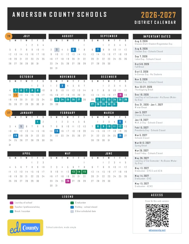 Anderson County Schools printable 2026-27 calendar