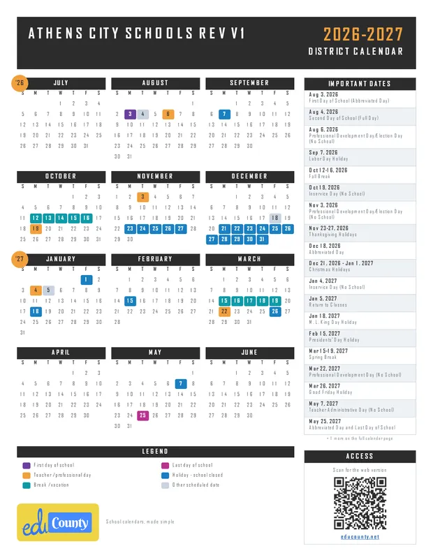 Athens City Schools Rev V1 printable 2026-27 calendar