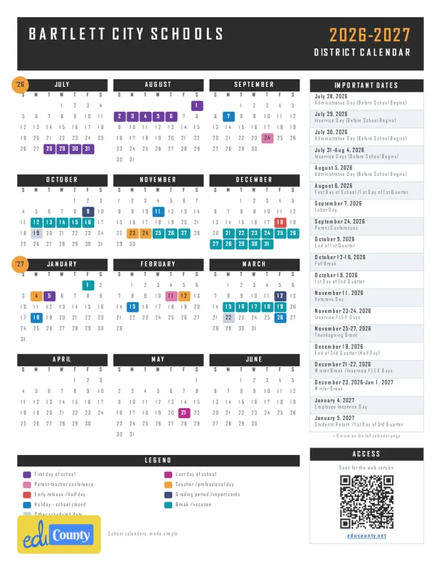 Bartlett City Schools printable 2026-27 calendar