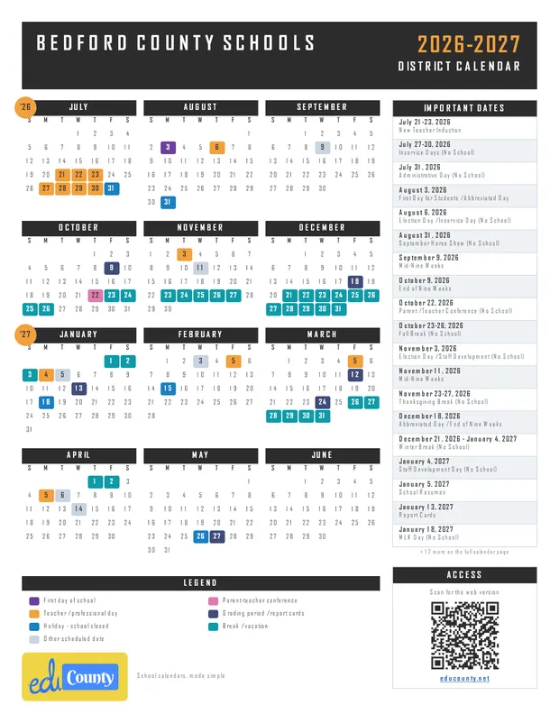 Bedford County Schools printable 2026-27 calendar