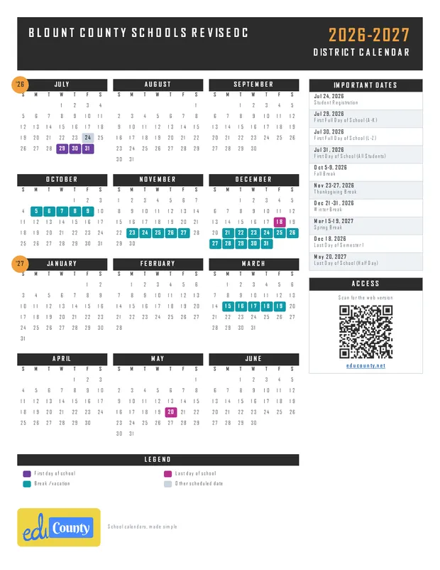 Blount County Schools Revisedc printable 2026-27 calendar