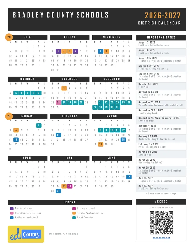 Bradley County Schools printable 2026-27 calendar